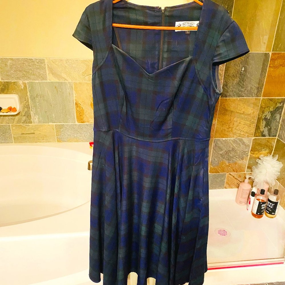 Helly Bunny blue, green, and black tartan Swing Dress— L— rare